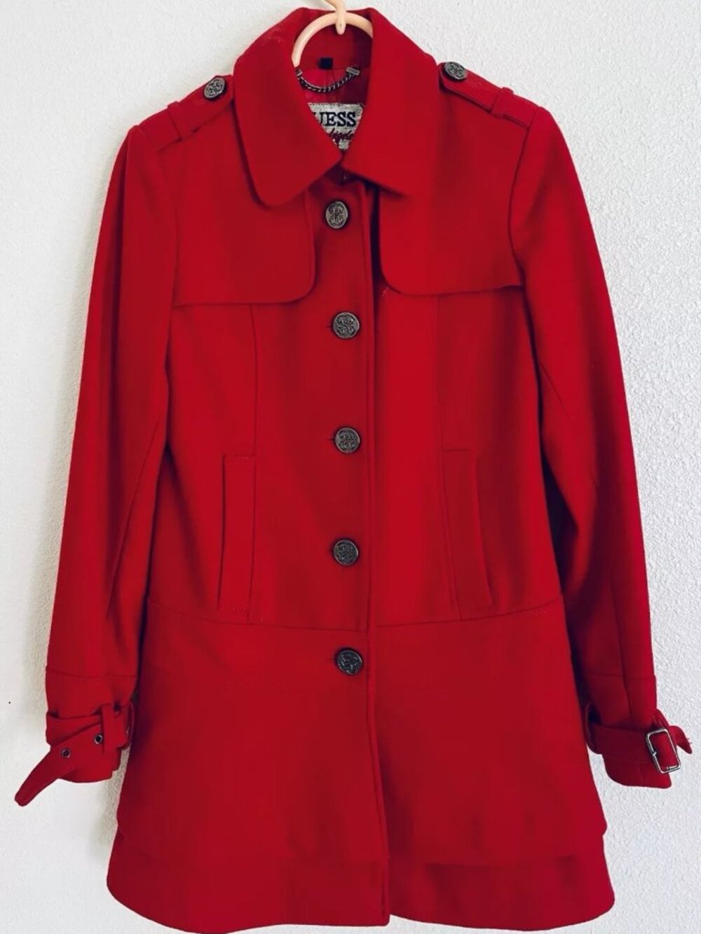 Women's Red Wool Blend Coat – Size Small – Classic Elegant Peacoat